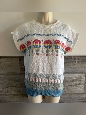 Vintage Woolrich Hot Air Balloon Sweater Vest Top S/M White Novelty Knit (A1)